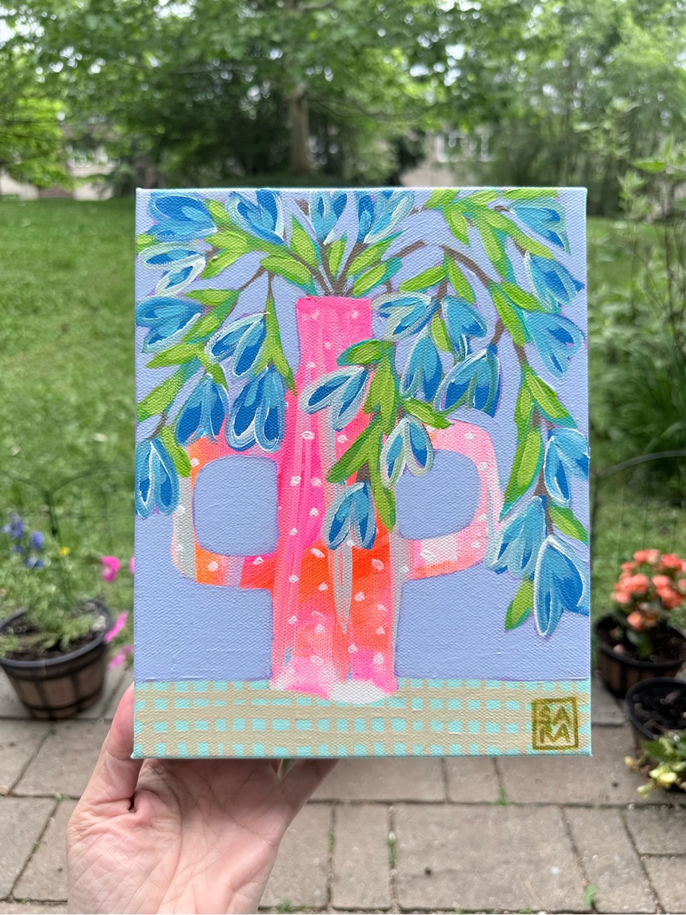 Handpainted Wall Art Canvas with Blue flowers by Sara Purves